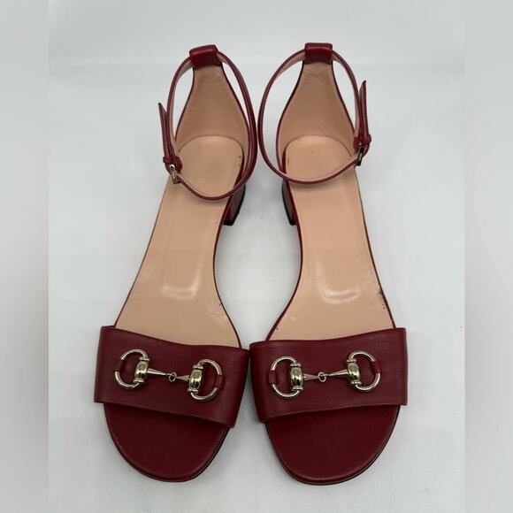 Gucci Burgundy red leather Horsebit ankle strap peep toe low heel sandals EU38.5 - Picture 4 of 11